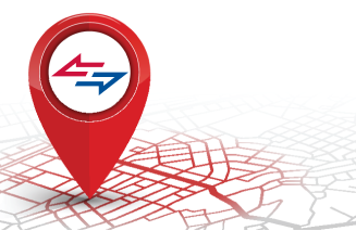 A red map pin icon with a white circle showcasing two arrows, one red and one blue, is set on an abstract map with red lines, symbolizing the seamless navigation in commercial door installation.